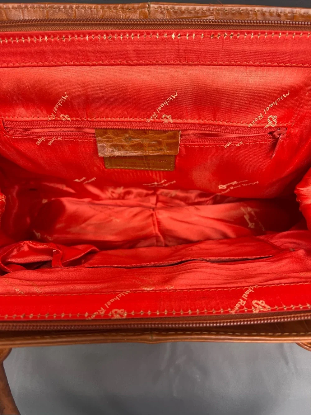 Vintage Michel Rome Croc-embossed Cognac Leather Satchel Handbag.